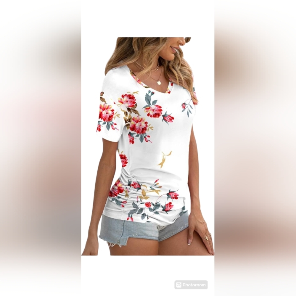 Anydoll Womens 2024 Summer Tunic Tops Casual Short Sleeve V Neck Tshirts with Si